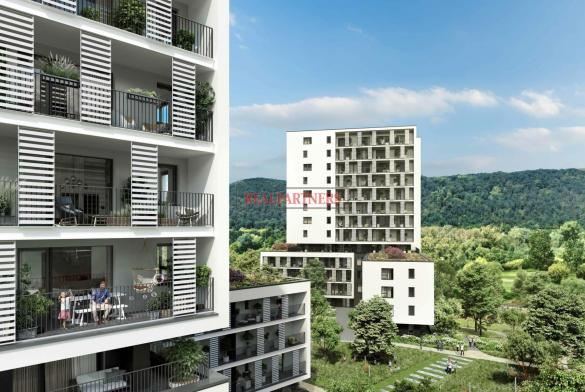 Nový byt 1+kk o ploše 32,6 m² + 8,2 m² balkon s krásným výhledem k Vltavě na západ.